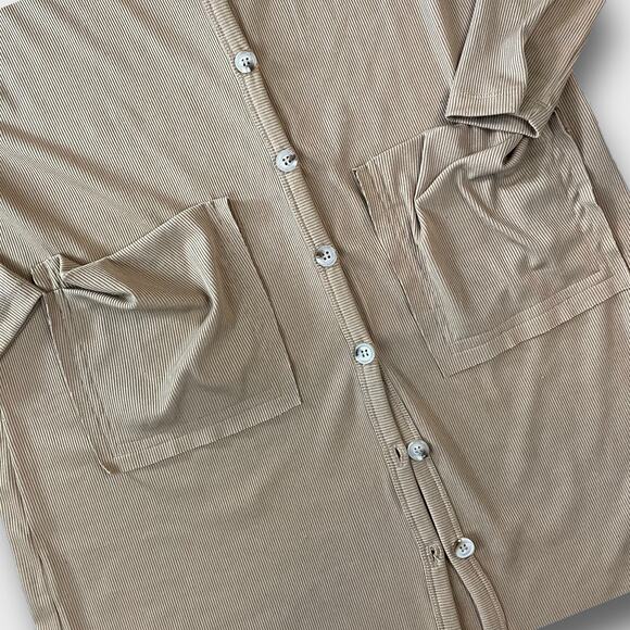 EARTHY BOHO HIPPIE MOD BOUTIQUE VNECK HIGH LOW RIBBED DRESS TAN M - Picture 4 of 8